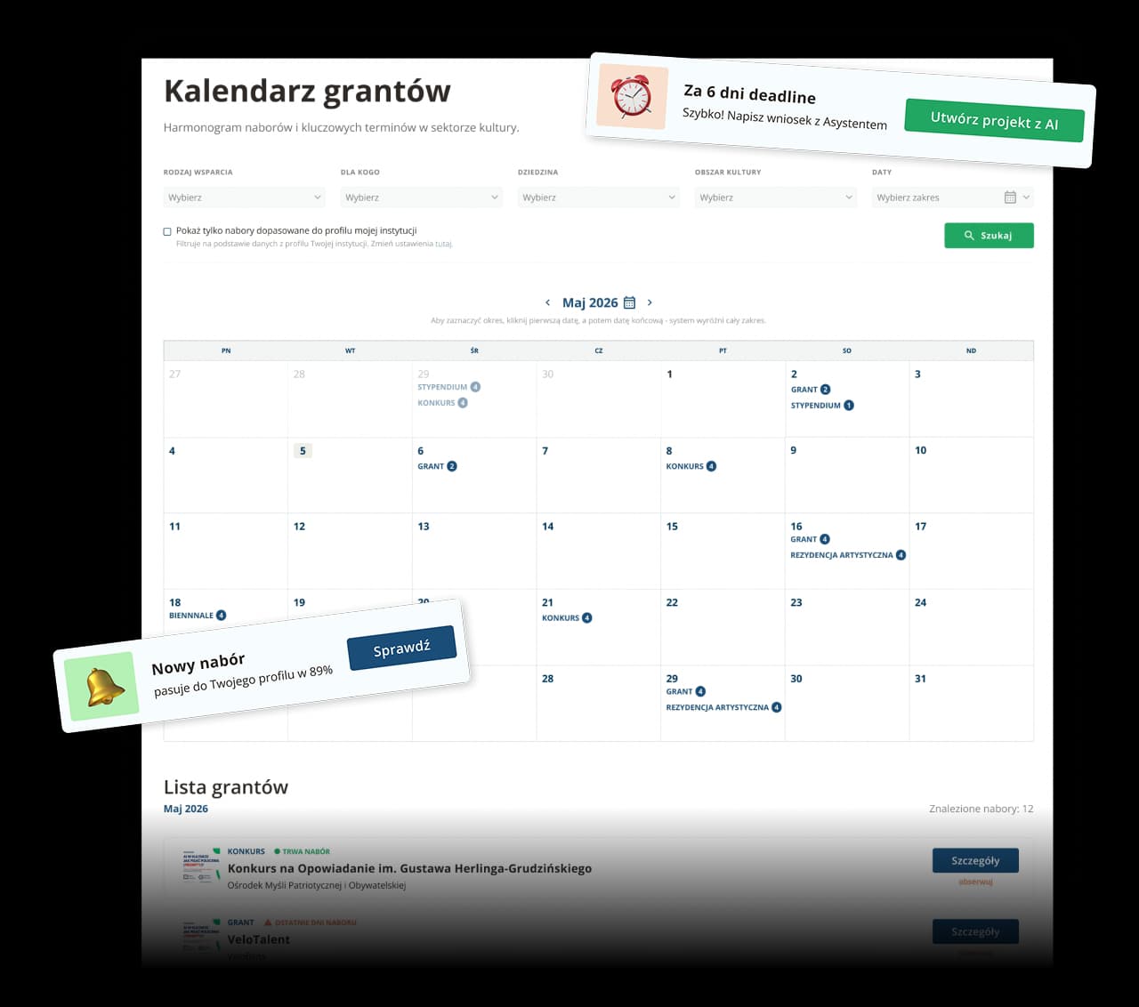 Kalendarz grantów Kasa na Kulturę — widok maja 2026 z harmonogramem naborów, konkursów, stypendiów i rezydencji artystycznych w sektorze kultury